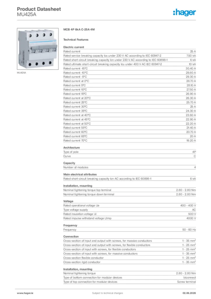Image Hager Product data sheet MU425A  | Hager