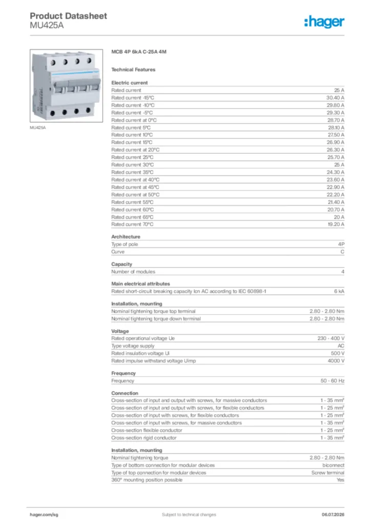 Image Hager Product data sheet MU425A  | Hager