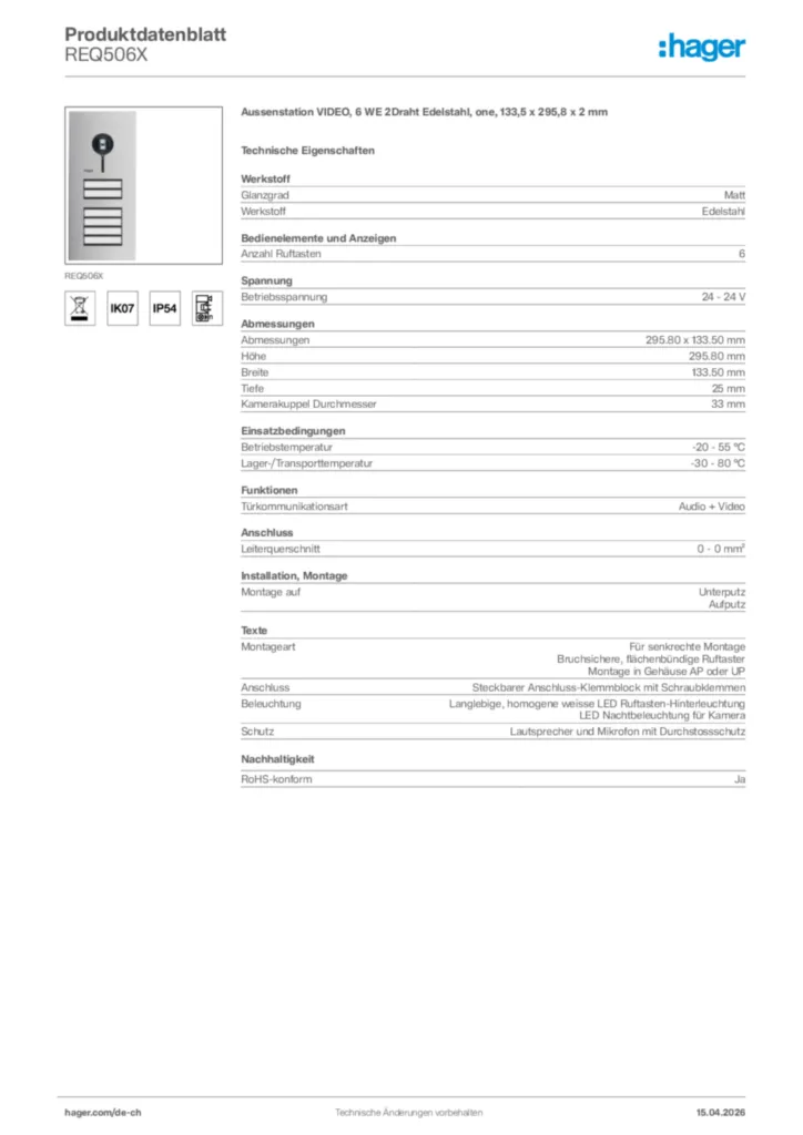 Bild Hager Produktdatenblatt REQ506X | Hager Schweiz