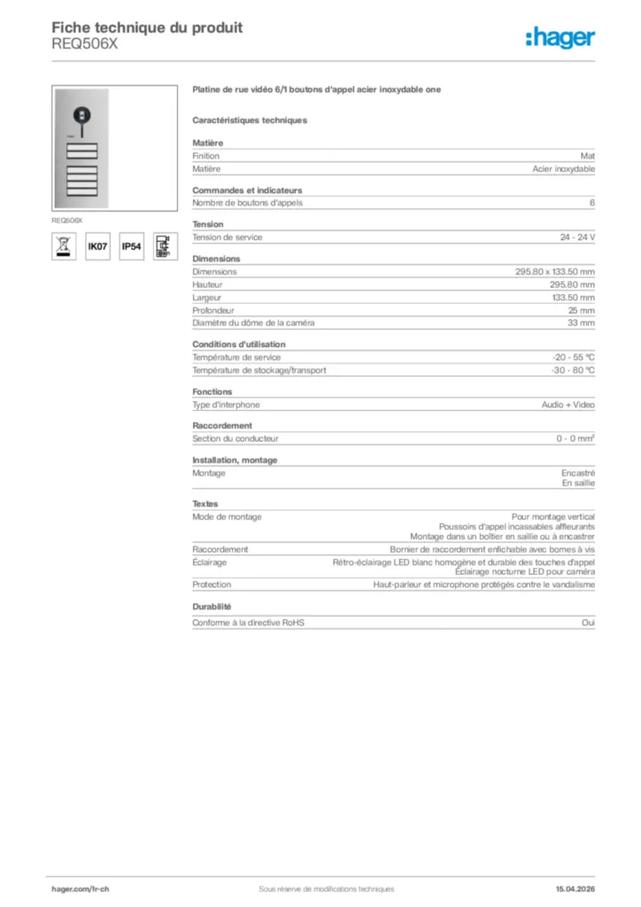 Image Hager Fiche technique du produit REQ506X | Hager Suisse