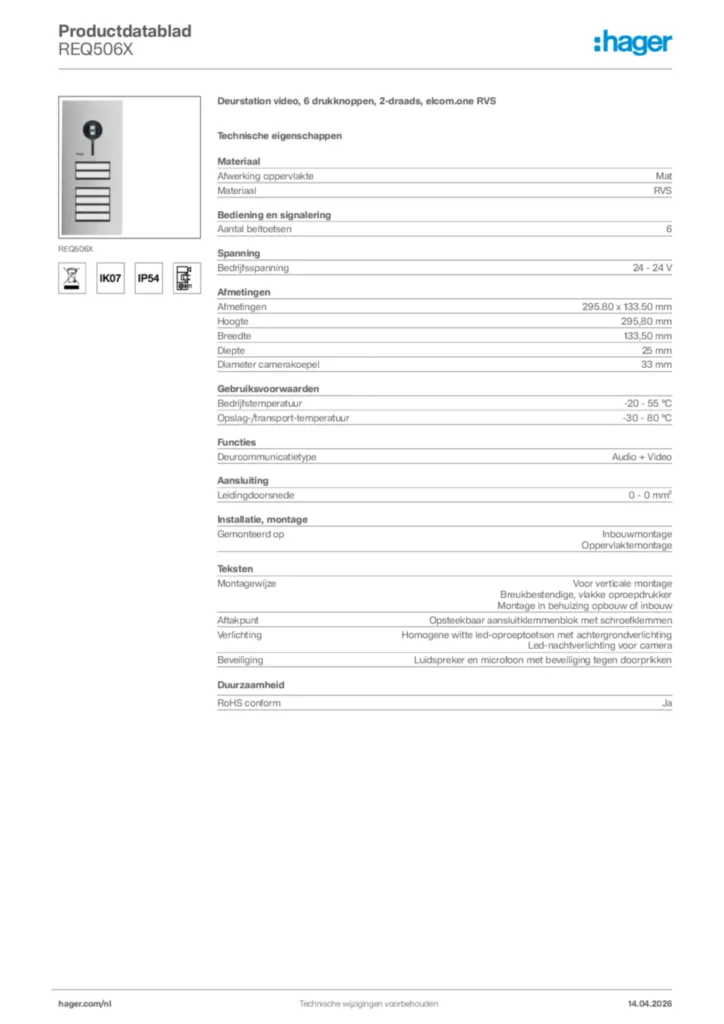 Afbeelding Hager Productdatablad REQ506X | Hager Nederland