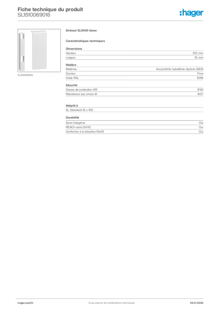 Image Hager Fiche technique du produit SL1510069016 | Hager France