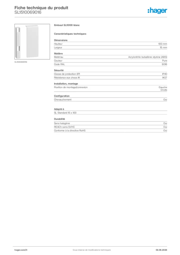 Image Hager Fiche technique du produit SL1510069016 | Hager France