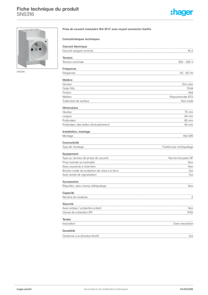Image Hager Fiche technique du produit SNS316 | Hager France