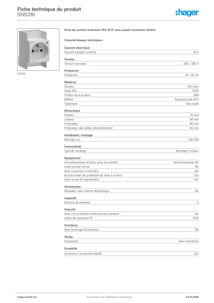Image Hager Fiche technique du produit SNS316 | Hager Belgique
