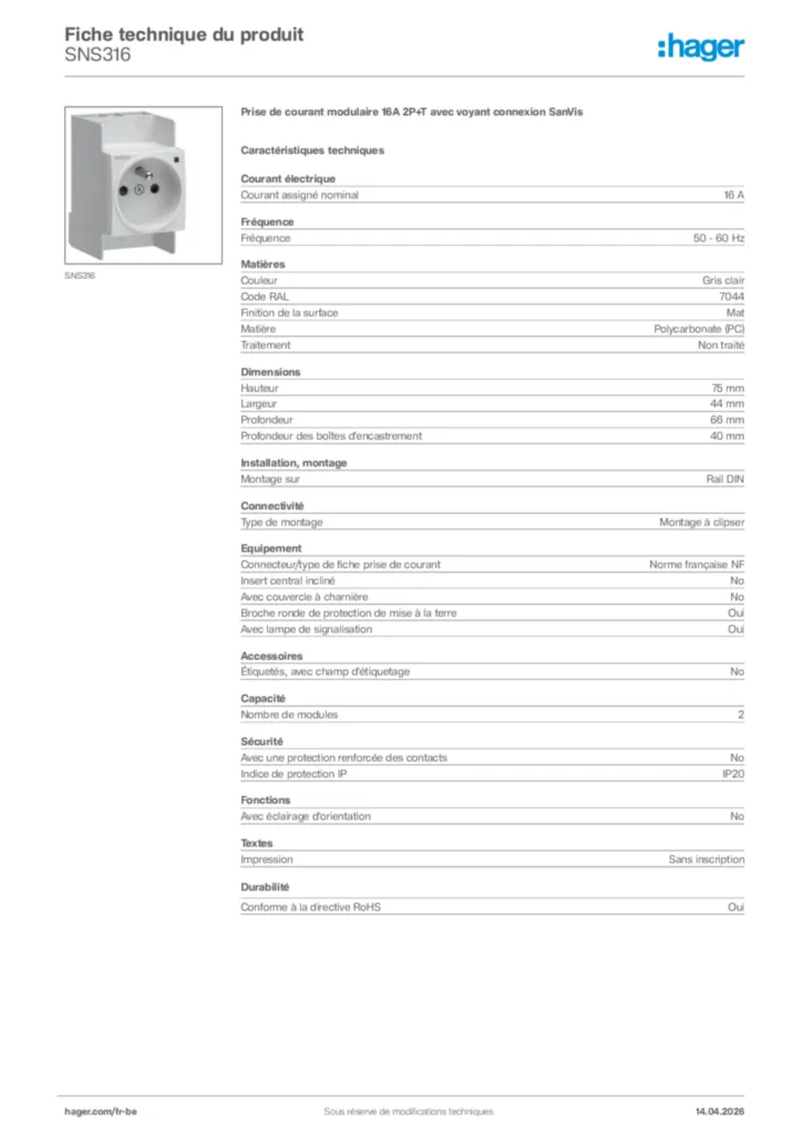 Image Hager Fiche technique du produit SNS316 | Hager Belgique