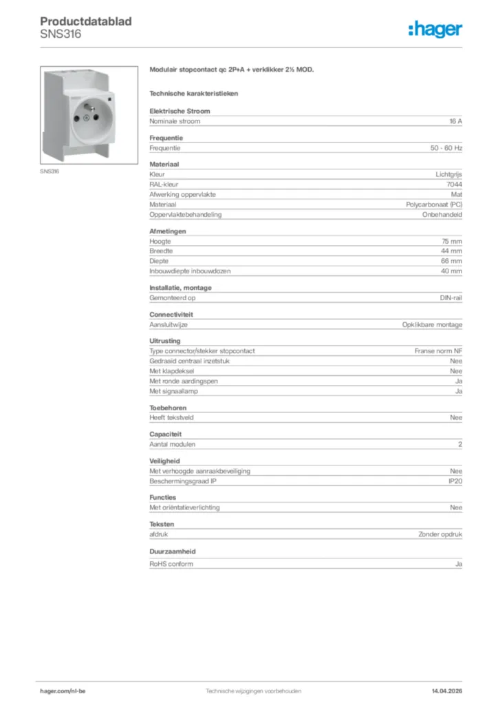 Afbeelding Hager Productdatablad SNS316 | Hager Belgium