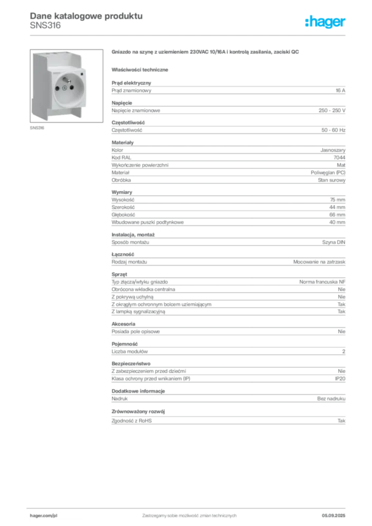 Zdjęcie Hager Dane katalogowe produktu SNS316 | Hager Polska