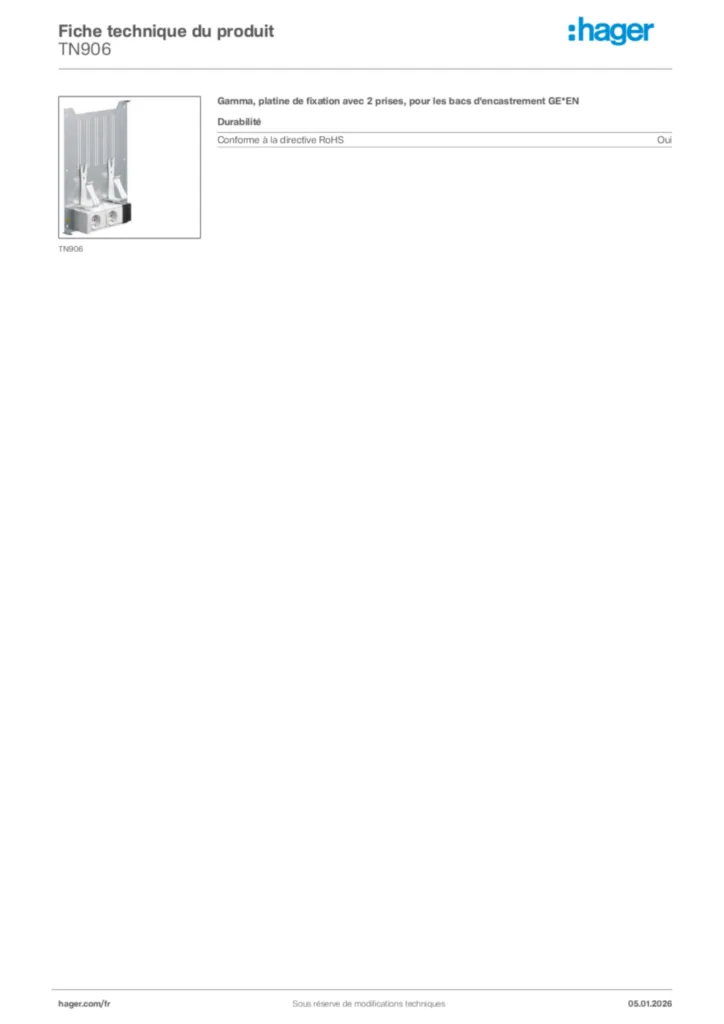 Image Hager Fiche technique du produit TN906 | Hager France