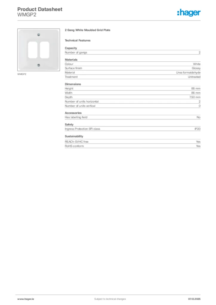 Image Hager Product data sheet WMGP2  | Hager