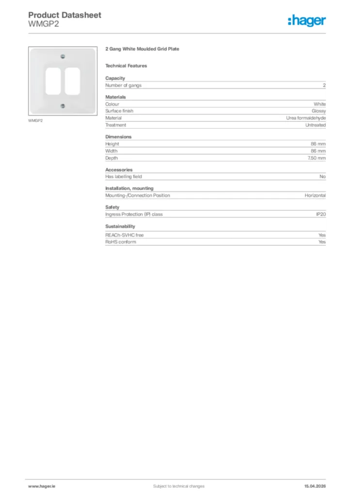 Image Hager Product data sheet WMGP2  | Hager