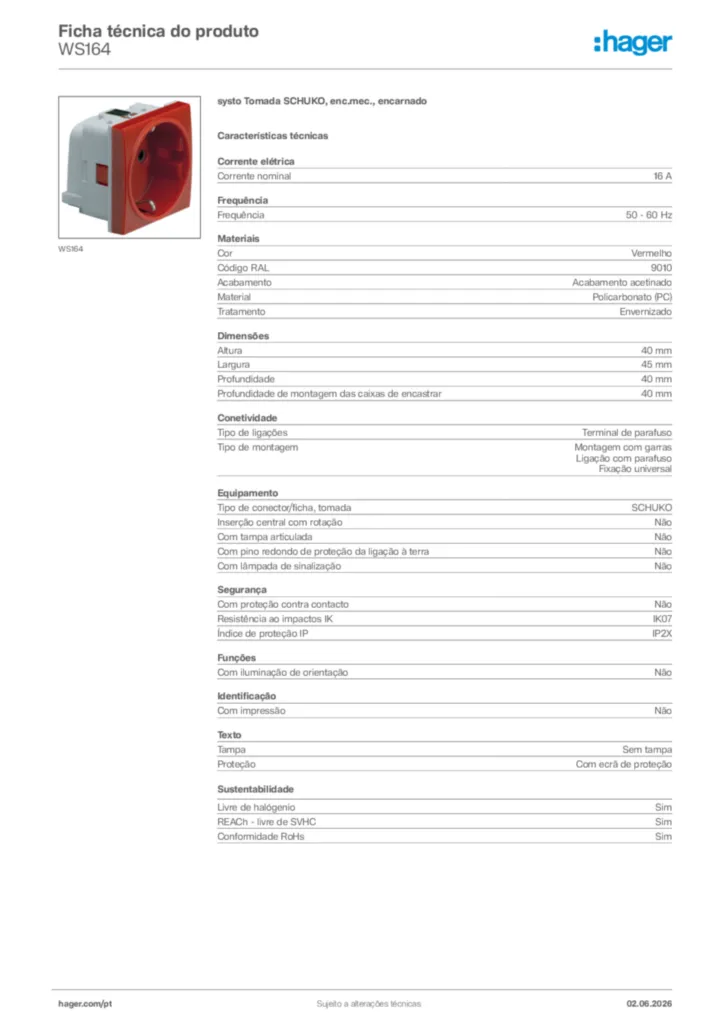 Imagem Hager Ficha técnica do produto WS164 | Hager Portugal
