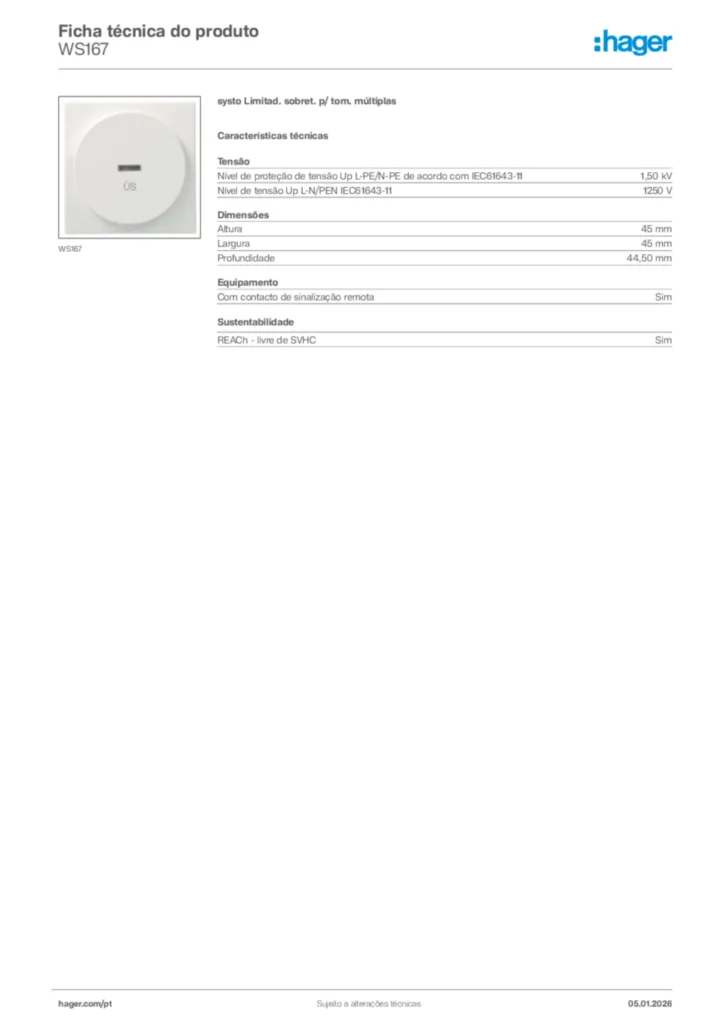 Imagem Hager Ficha técnica do produto WS167 | Hager Portugal