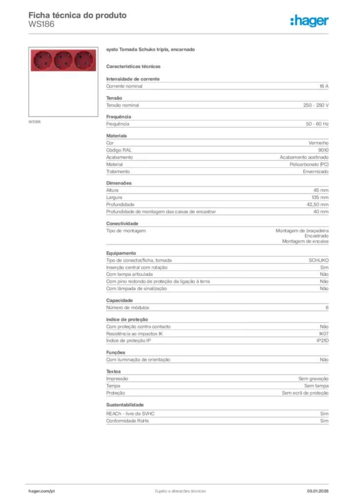 Imagem Hager Ficha técnica do produto WS186 | Hager Portugal