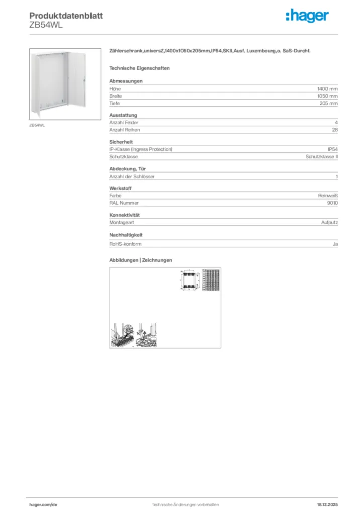 Bild Hager Produktdatenblatt ZB54WL | Hager Deutschland