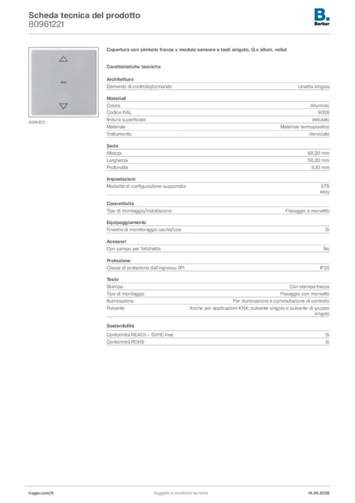 Immagine Berker Scheda tecnica del prodotto 80961221 | Hager Italia