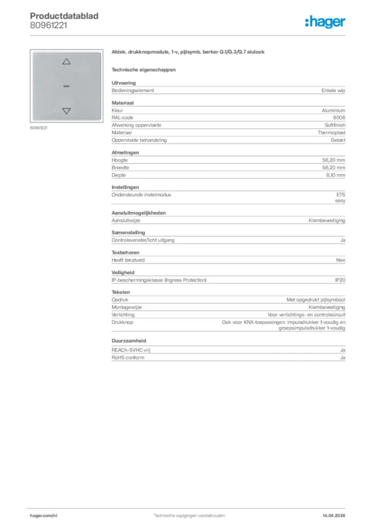 Afbeelding Hager Productdatablad 80961221 | Hager Nederland