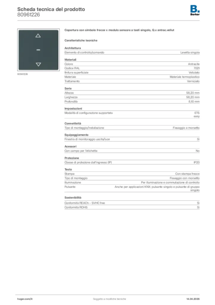 Immagine Berker Scheda tecnica del prodotto 80961226 | Hager Italia