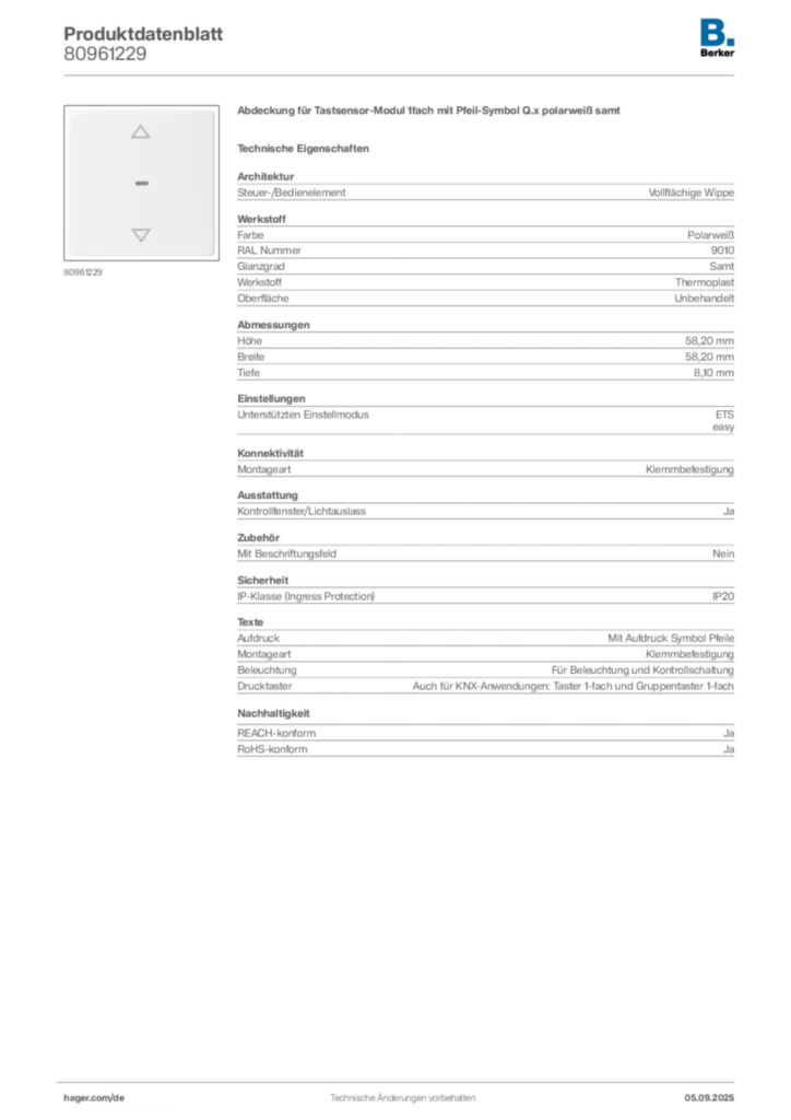Bild Berker Produktdatenblatt 80961229 | Hager Deutschland