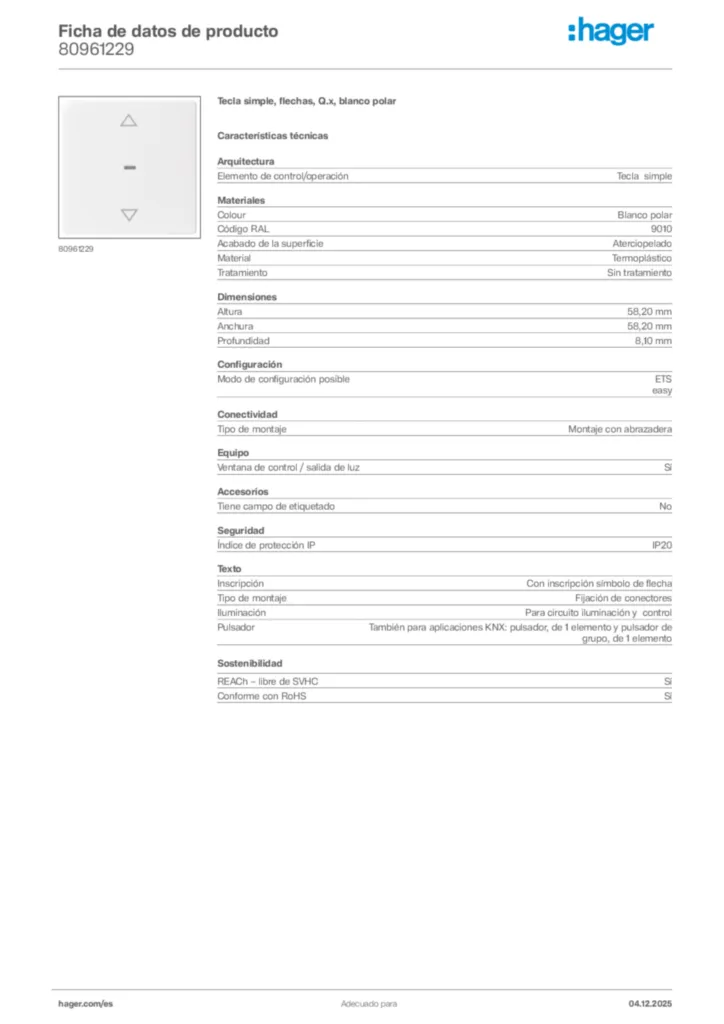 Imagen Hager Ficha de datos de producto 80961229 | Hager España