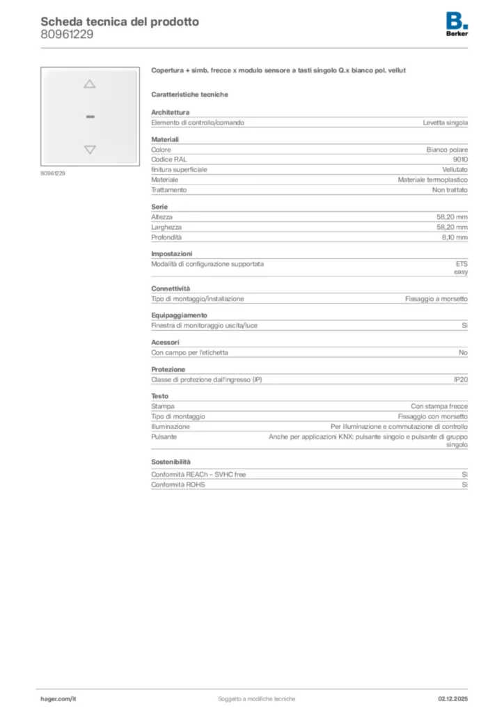 Immagine Berker Scheda tecnica del prodotto 80961229 | Hager Italia