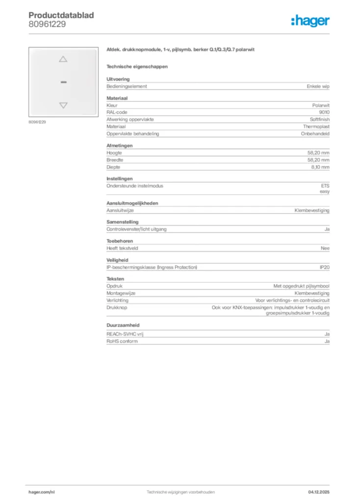 Afbeelding Hager Productdatablad 80961229 | Hager Nederland