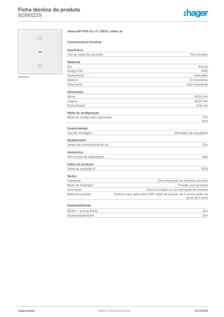 Imagem Hager Ficha técnica do produto 80961229 | Hager Portugal