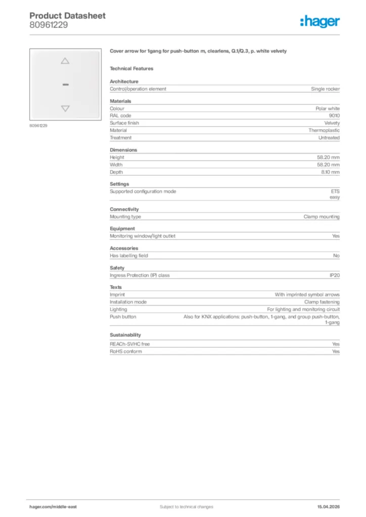 Image Hager Product data sheet 80961229  | Hager