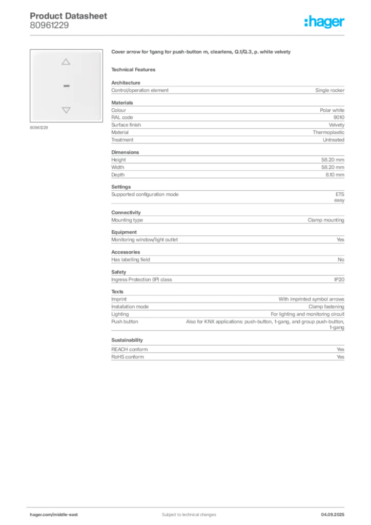 Image Hager Product data sheet 80961229  | Hager