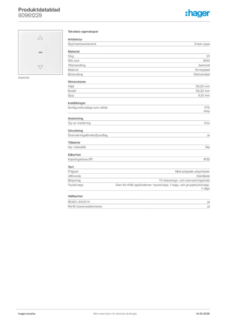 Bild Hager Produktdatablad 80961229 | Hager Sverige