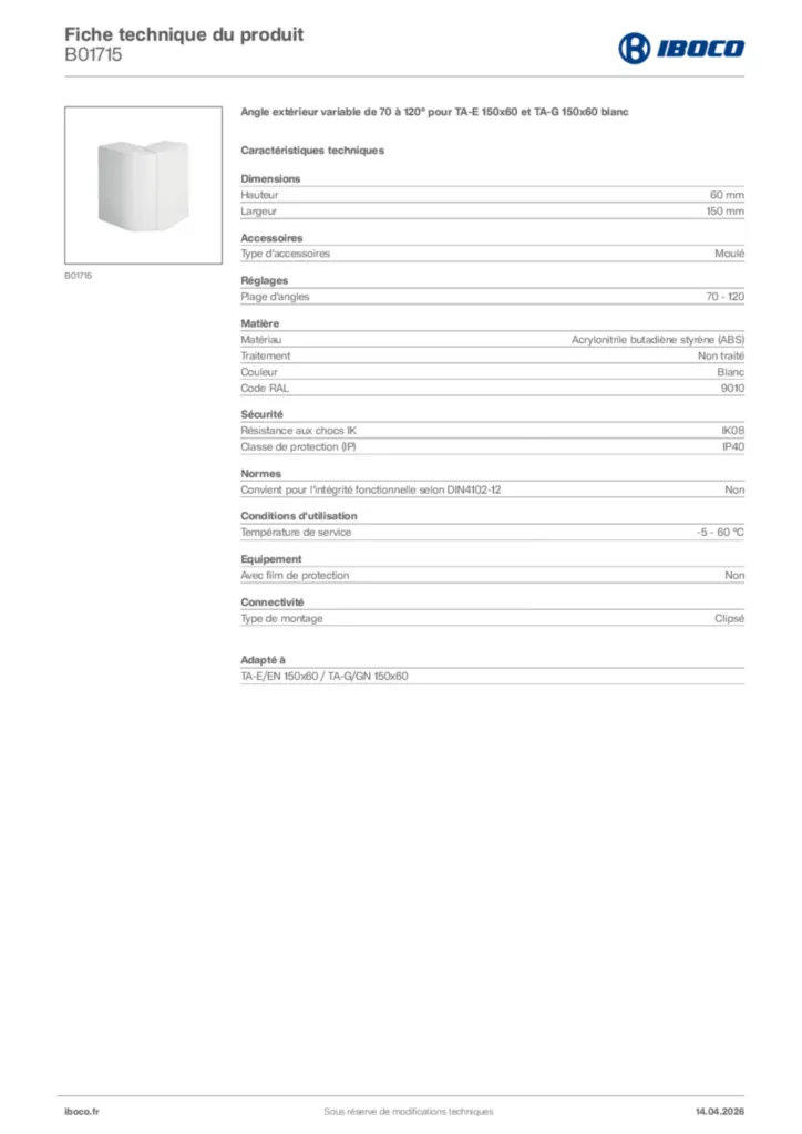Image Iboco Fiche technique du produit B01715 | Hager France
