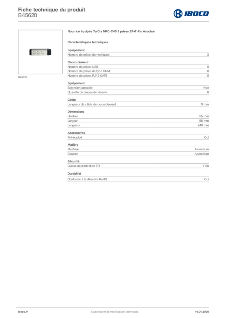 Image Iboco Fiche technique du produit B45620 | Hager France