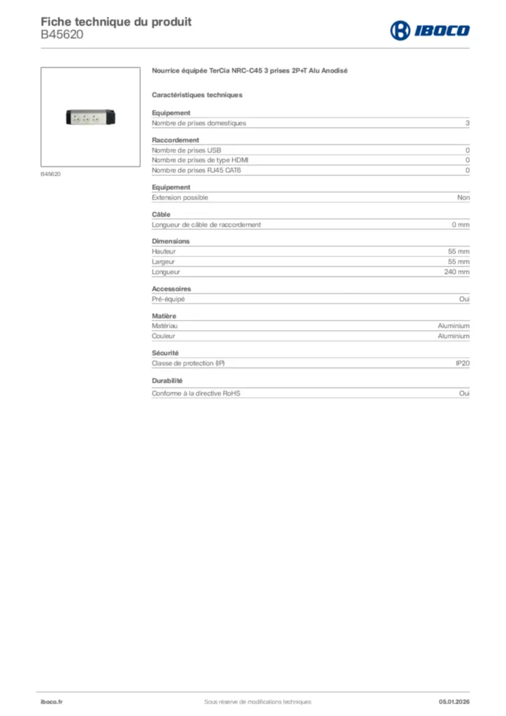 Image Iboco Fiche technique du produit B45620 | Hager France