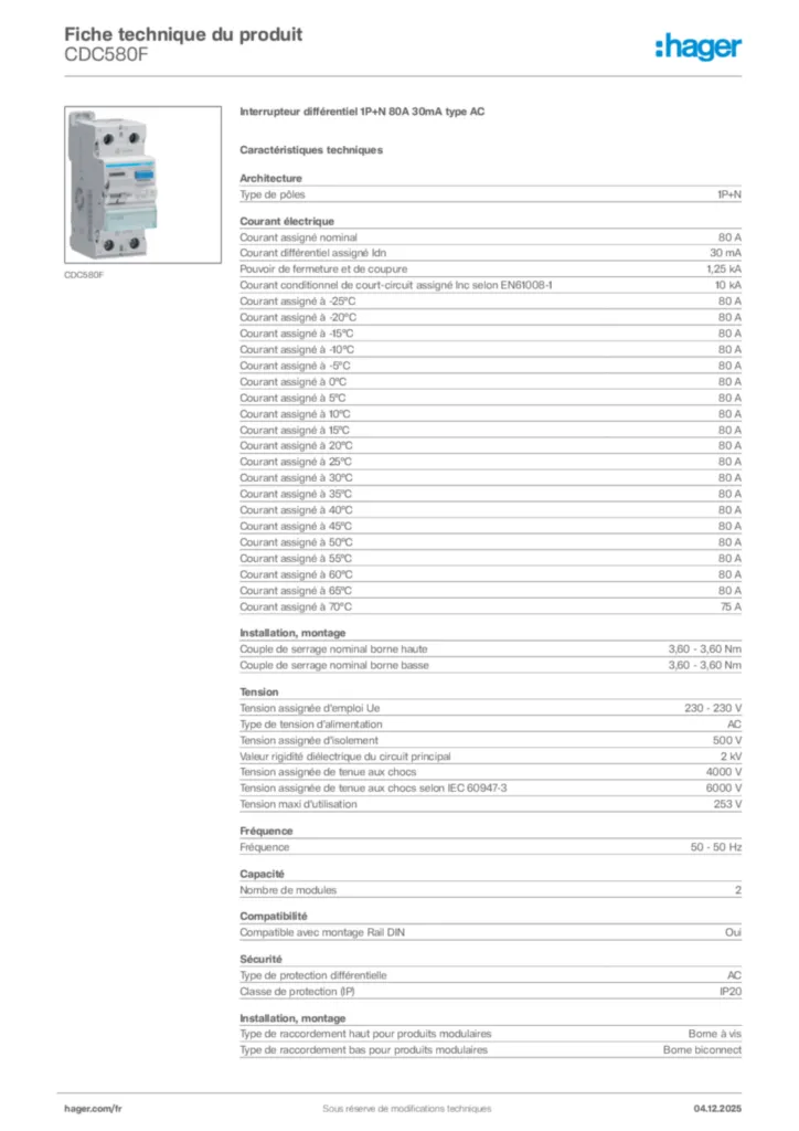 Image Hager Fiche technique du produit CDC580F | Hager France