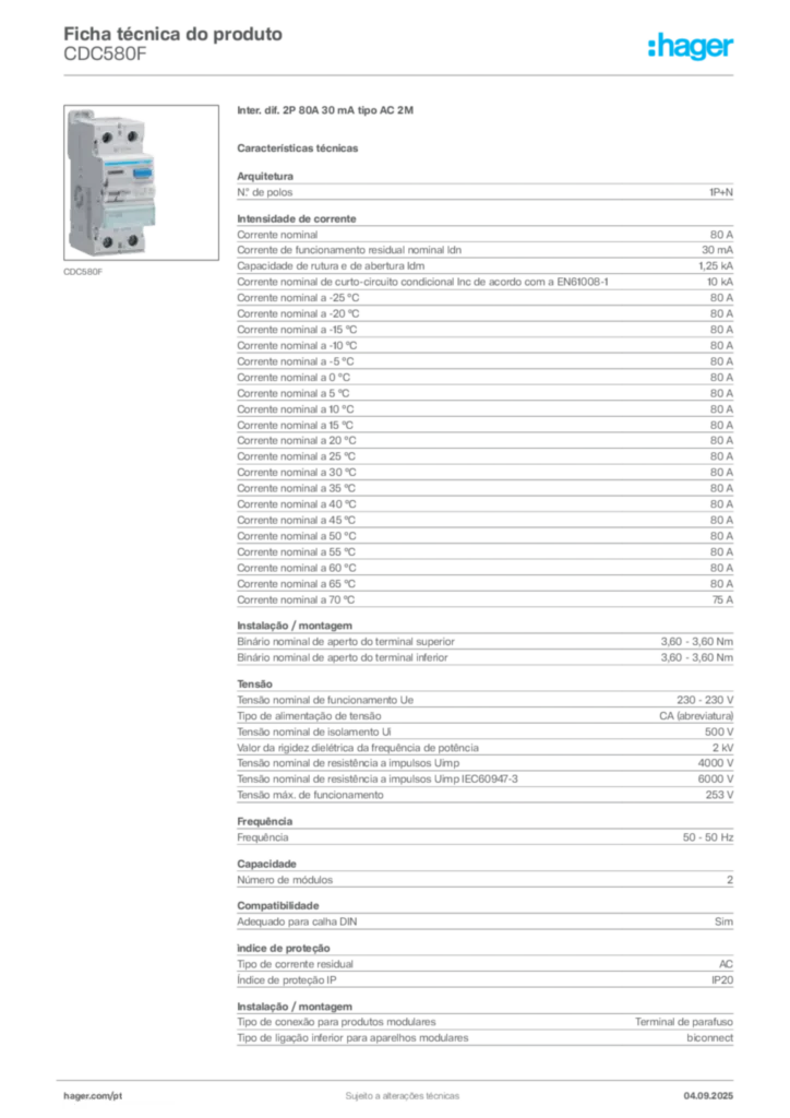 Imagem Hager Ficha técnica do produto CDC580F | Hager Portugal
