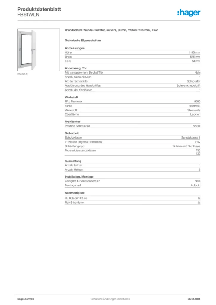 Hager Produktdatenblatt FB61WLN