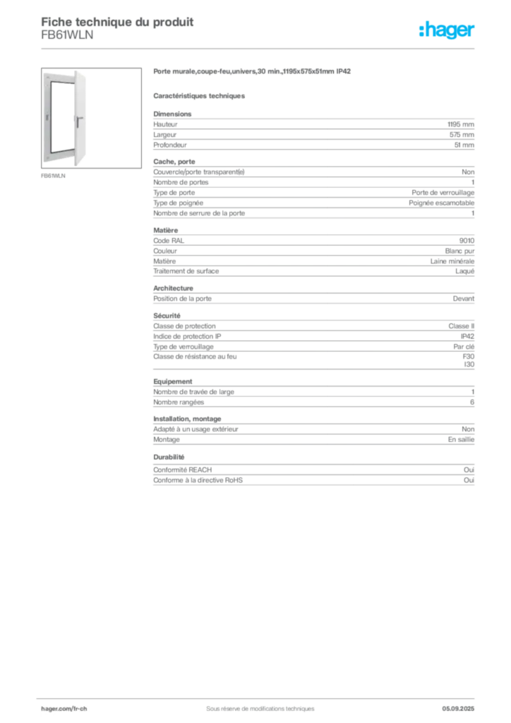 Image Hager Fiche technique du produit FB61WLN | Hager Suisse