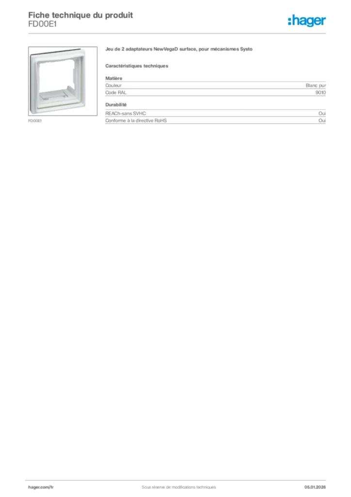 Image Hager Fiche technique du produit FD00E1 | Hager France