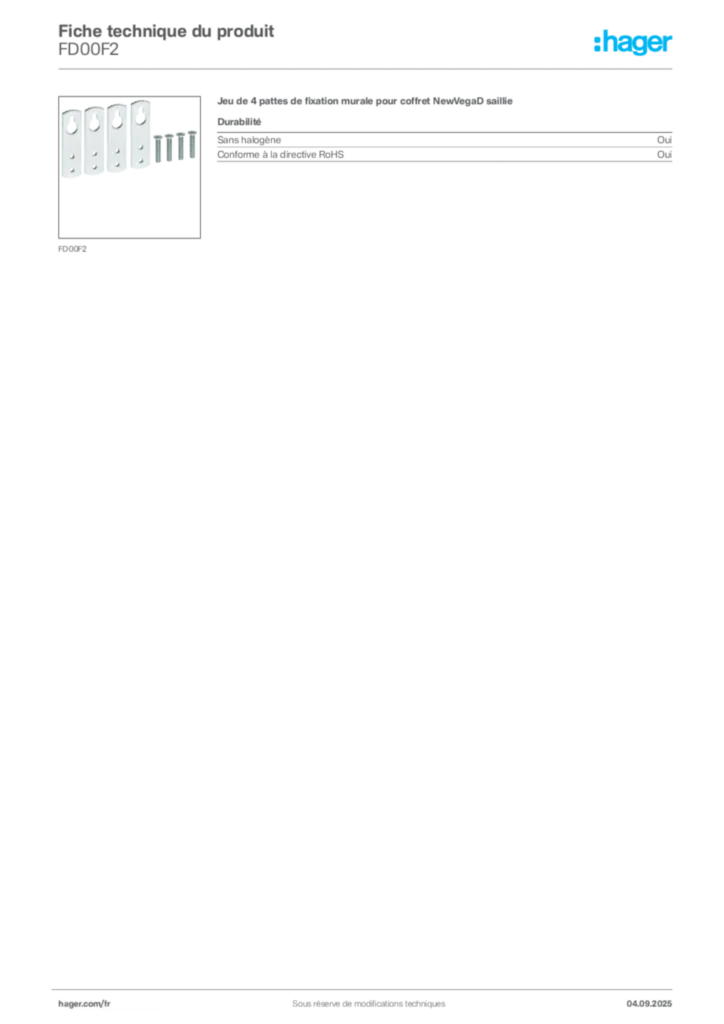 Image Hager Fiche technique du produit FD00F2 | Hager France