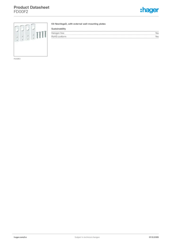 Image Hager Product data sheet FD00F2  | Hager New Zealand