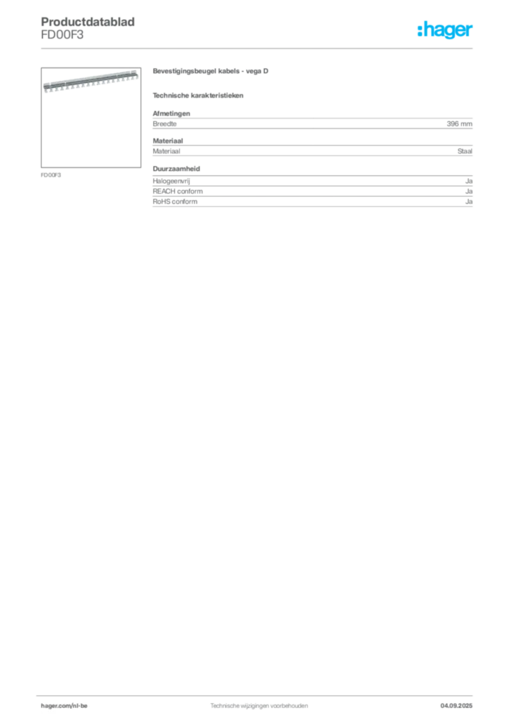Afbeelding Hager Productdatablad FD00F3 | Hager Belgium