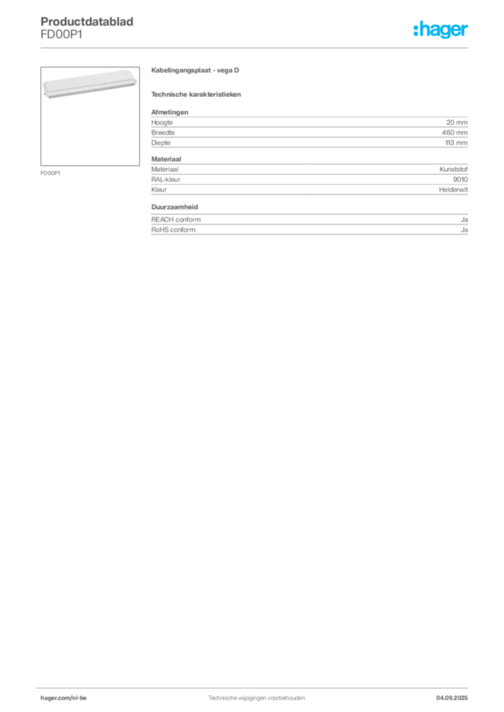 Afbeelding Hager Productdatablad FD00P1 | Hager Belgium