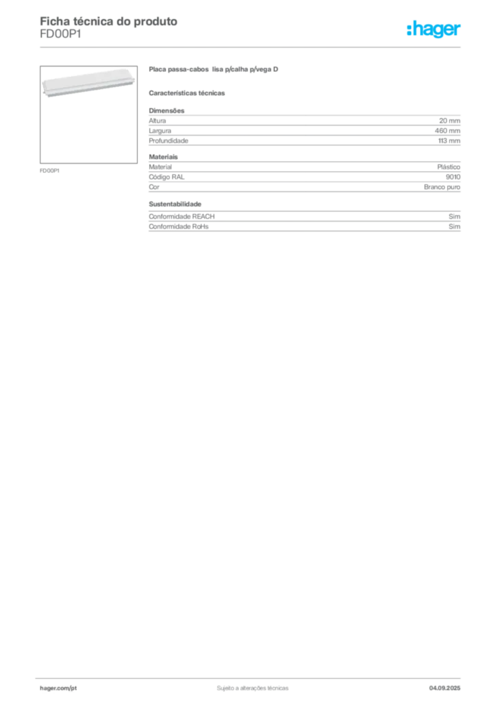 Imagem Hager Ficha técnica do produto FD00P1 | Hager Portugal