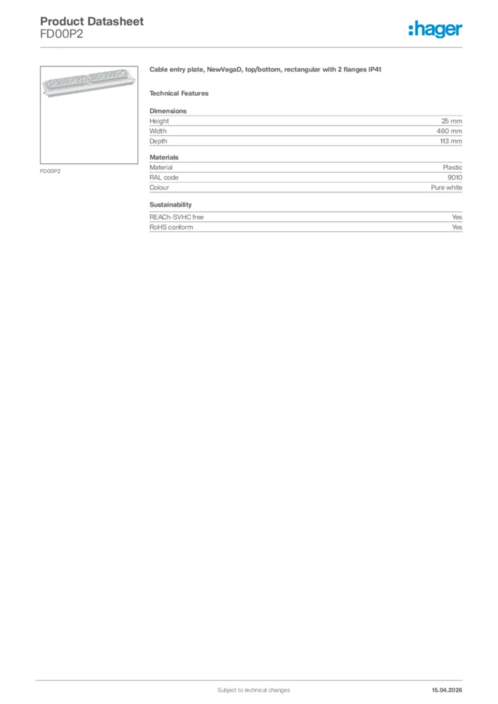 Image Hager Product data sheet FD00P2  | Hager Africa