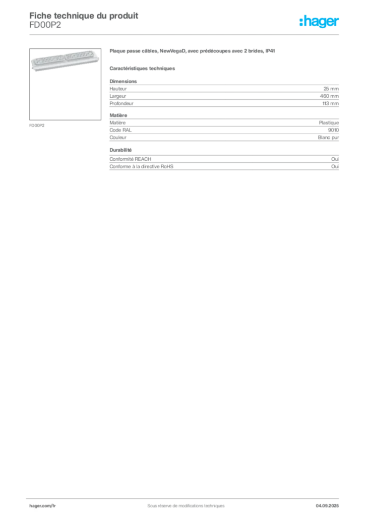 Image Hager Fiche technique du produit FD00P2 | Hager France
