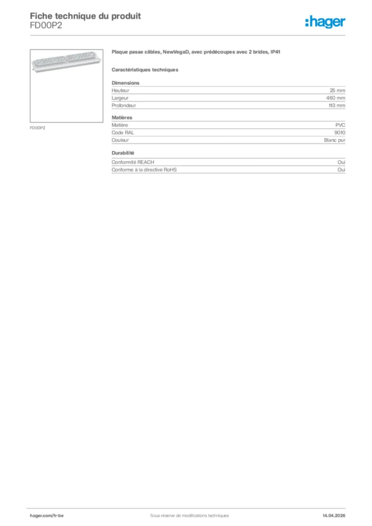 Image Hager Fiche technique du produit FD00P2 | Hager Belgique
