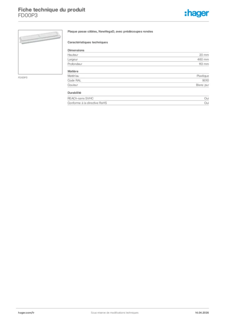 Image Hager Fiche technique du produit FD00P3 | Hager France