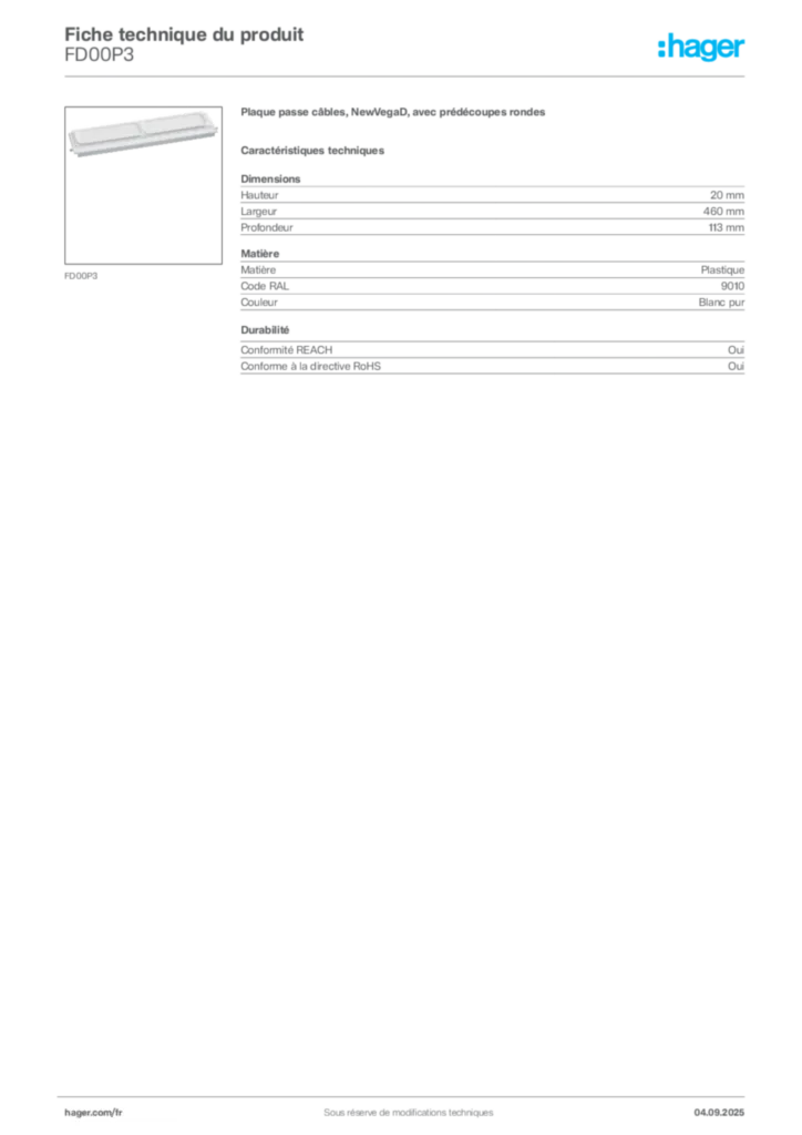 Image Hager Fiche technique du produit FD00P3 | Hager France