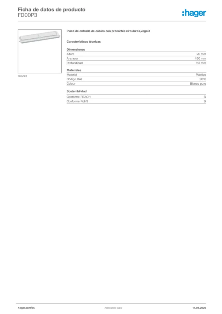 Imagen Hager Ficha de datos de producto FD00P3 | Hager España
