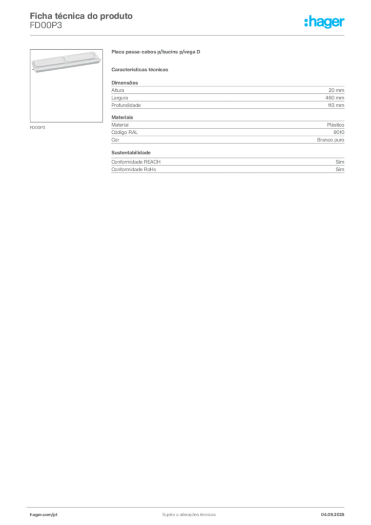 Imagem Hager Ficha técnica do produto FD00P3 | Hager Portugal